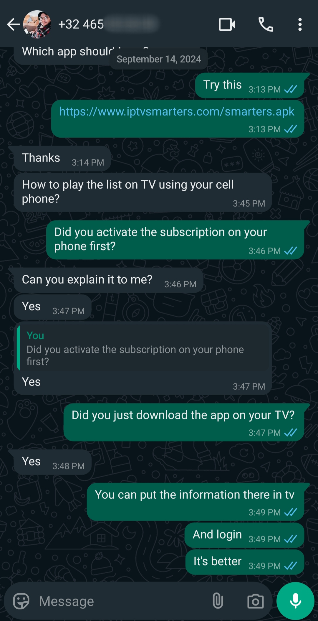 A WhatsApp chat shows a conversation about installing and activating the IPTV Latino app. One person shares a link and step-by-step instructions, while the other asks how to use the app and activate their subscription on their TV.