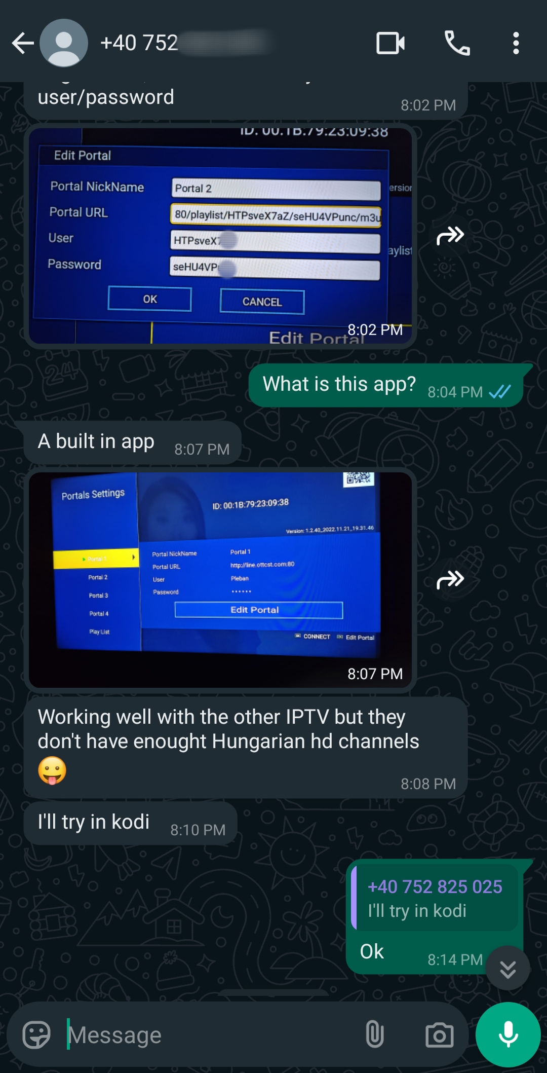 A WhatsApp chat shows a conversation about an IPTV portal app. Screenshots display portal settings and playlist URLs. One user mentions Hungarian HD channels are limited, while another suggests trying IPTV Latino in the Kodi setup.