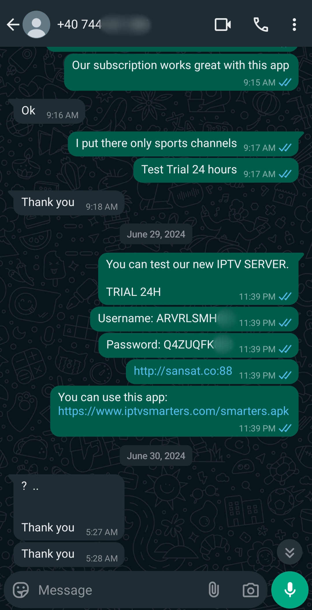 A WhatsApp chat showing a conversation about the IPTV Latino app, including a free trial offer with login details, a link to an IPTV server, and an app download link. Multiple Thank you messages are exchanged.