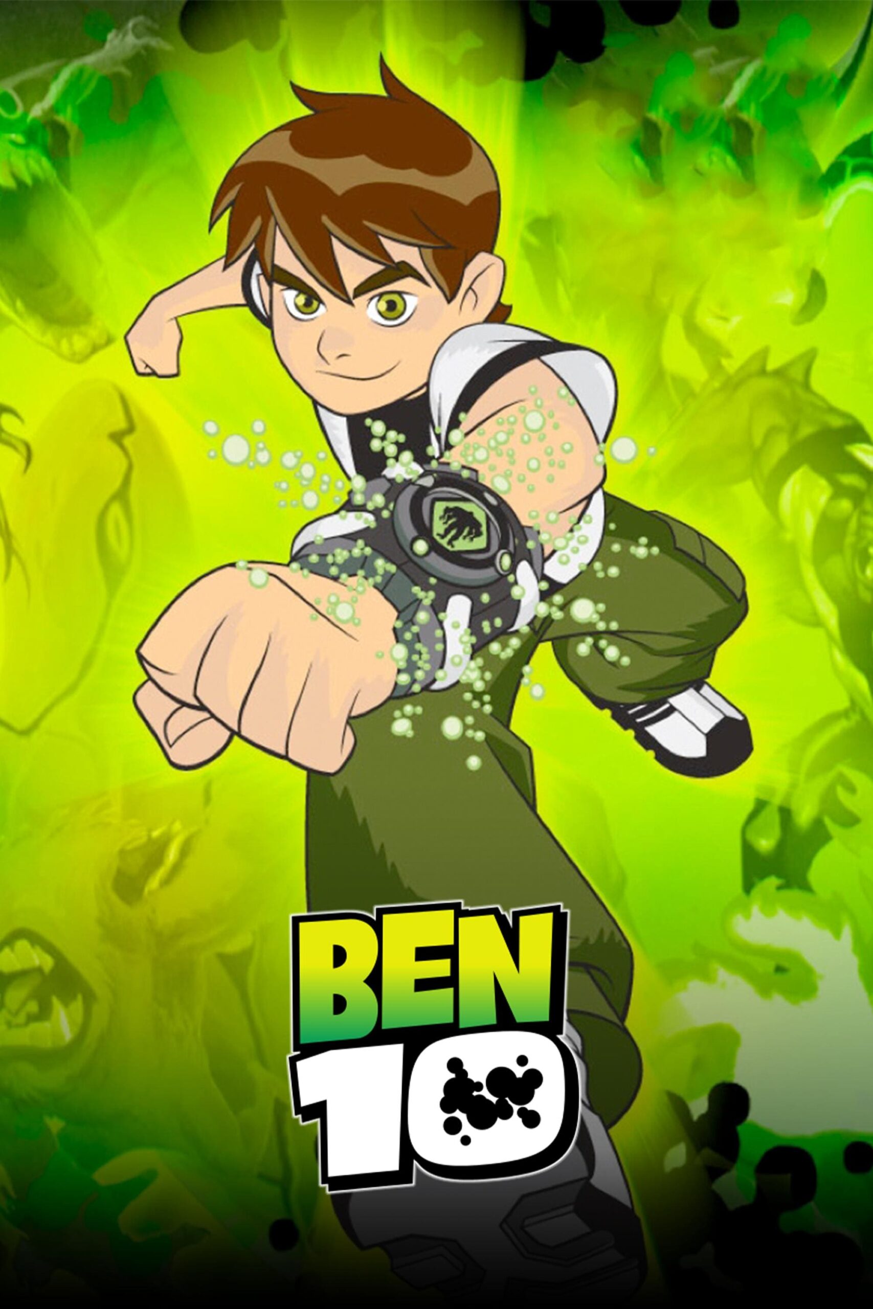 Animated boy with brown hair and green eyes wearing a white and green outfit, punching forward. He has a glowing device on his wrist. Green energy, alien shapes, and the IPTV Latino BEN 10 logo appear at the bottom.