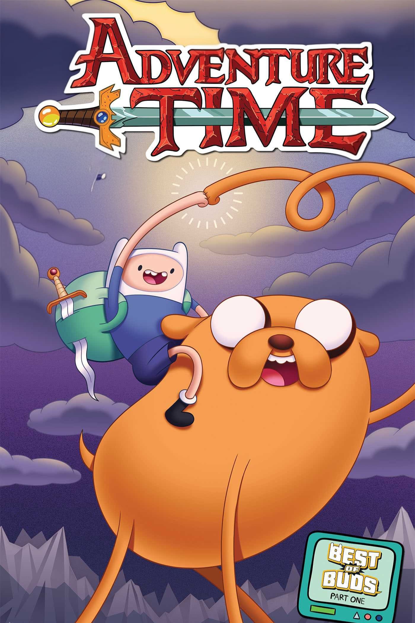 Finn, a boy with a white bear hat, rides on Jake, a large orange dog with stretchy limbs, against a purple mountainous background. The Adventure Time logo is at the top—perfect for streaming on IPTV Latino. “Best Buds: Part One” appears below.