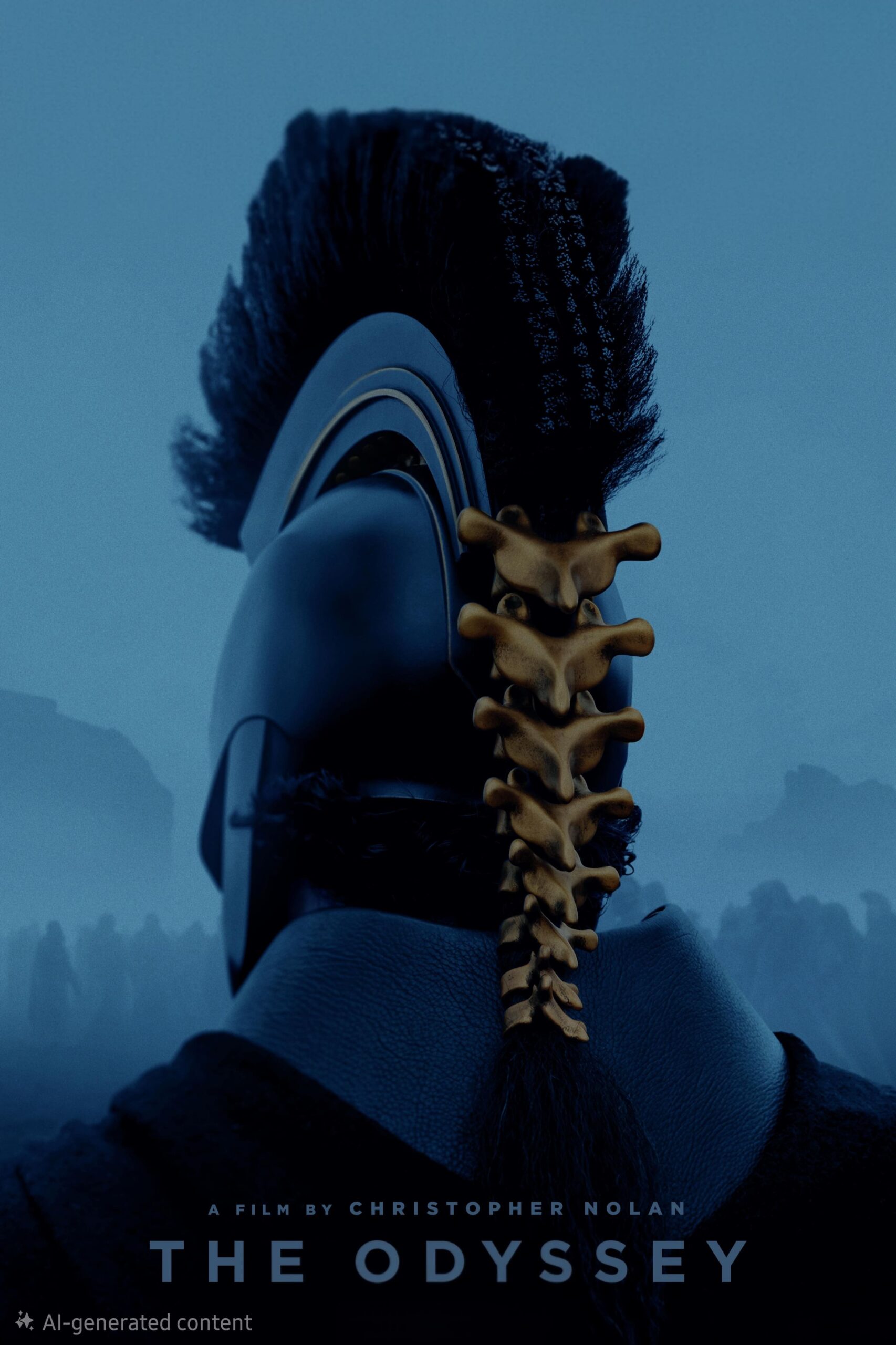 A person in ancient-style armor with a helmet stands facing away; a spine-like structure is attached to the back of the helmet. The misty background with shadowy figures and IPTV Latino text reads, A Film by Christopher Nolan — The Odyssey.