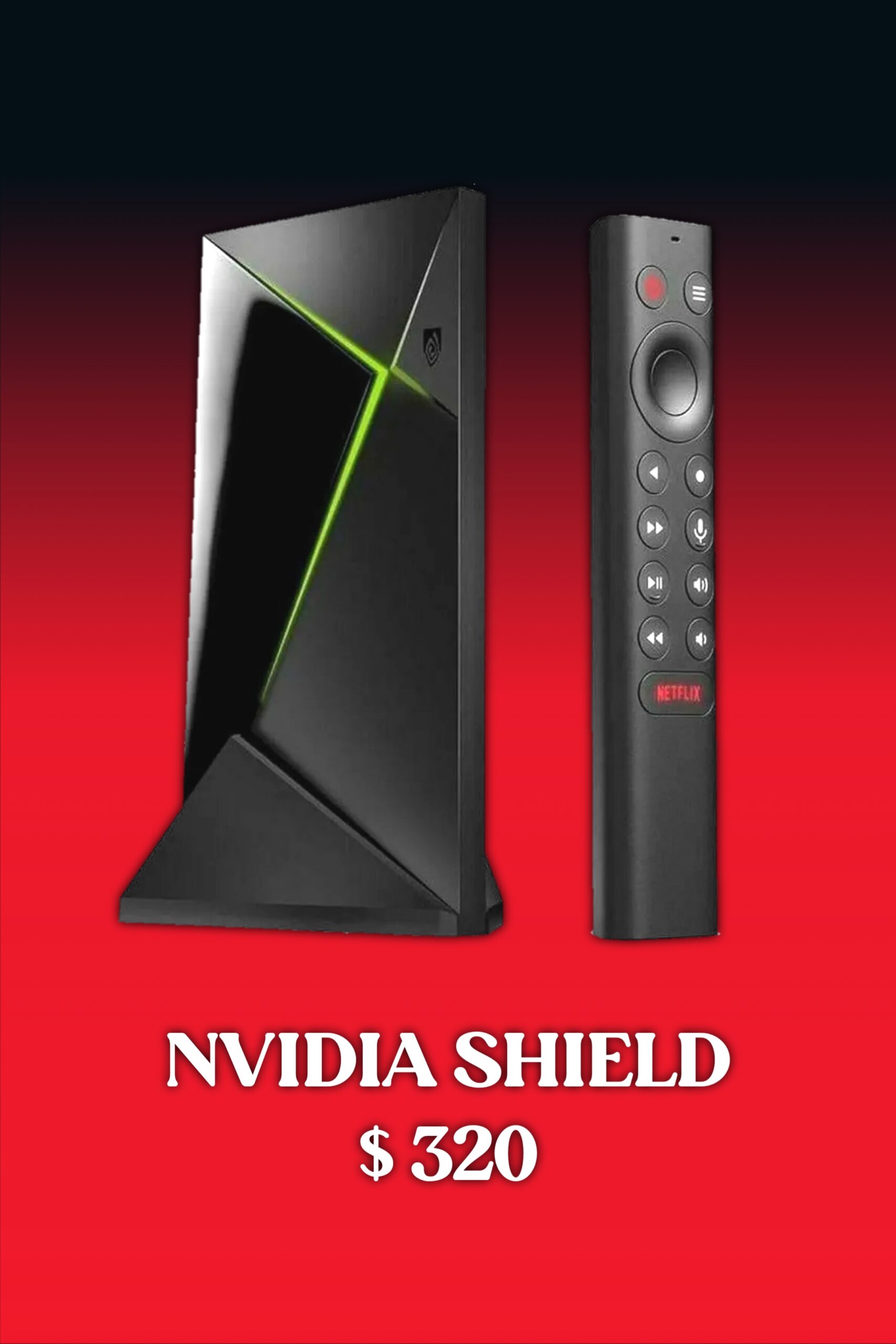A black NVIDIA Shield streaming device and remote are displayed on a red background, highlighting its IPTV Latino compatibility, with the text NVIDIA SHIELD $320 written below in bold white letters.
