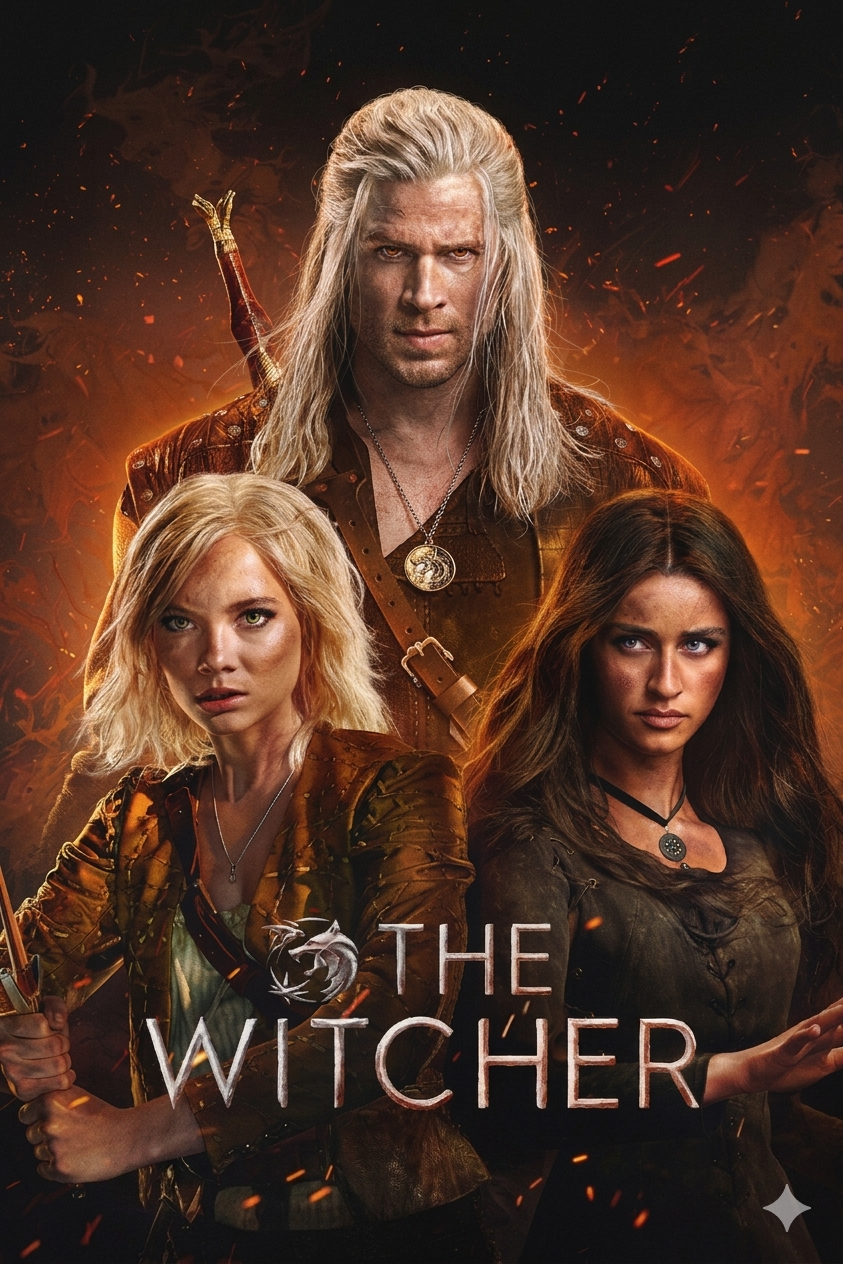 Three characters from The Witcher stand together with serious expressions against a fiery background, capturing the intense drama loved by IPTV Latino fans. The title The Witcher appears at the bottom of the image.