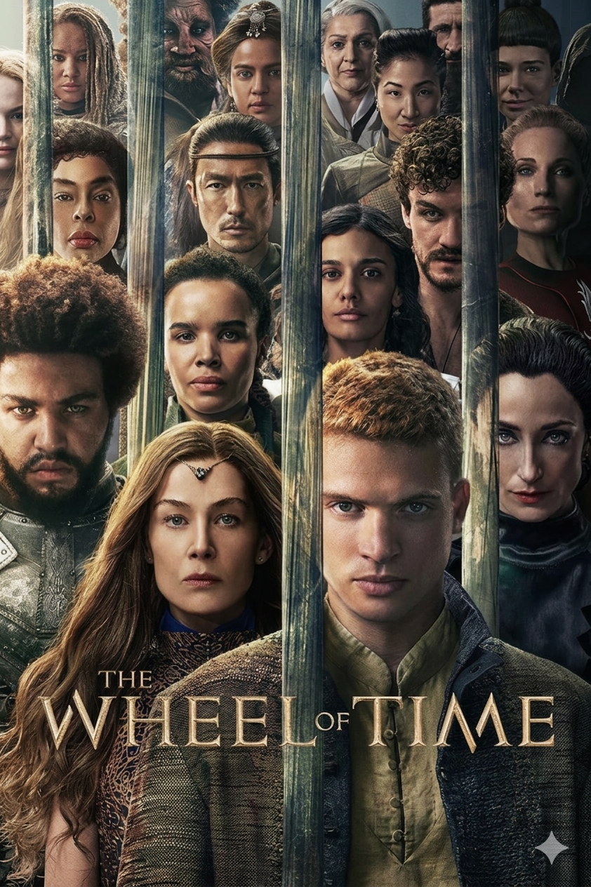 A group of diverse people stand closely together, divided by vertical metal bars. The text "The Wheel of Time" and an IPTV Latino logo appear at the bottom. The group looks directly at the viewer with serious expressions.