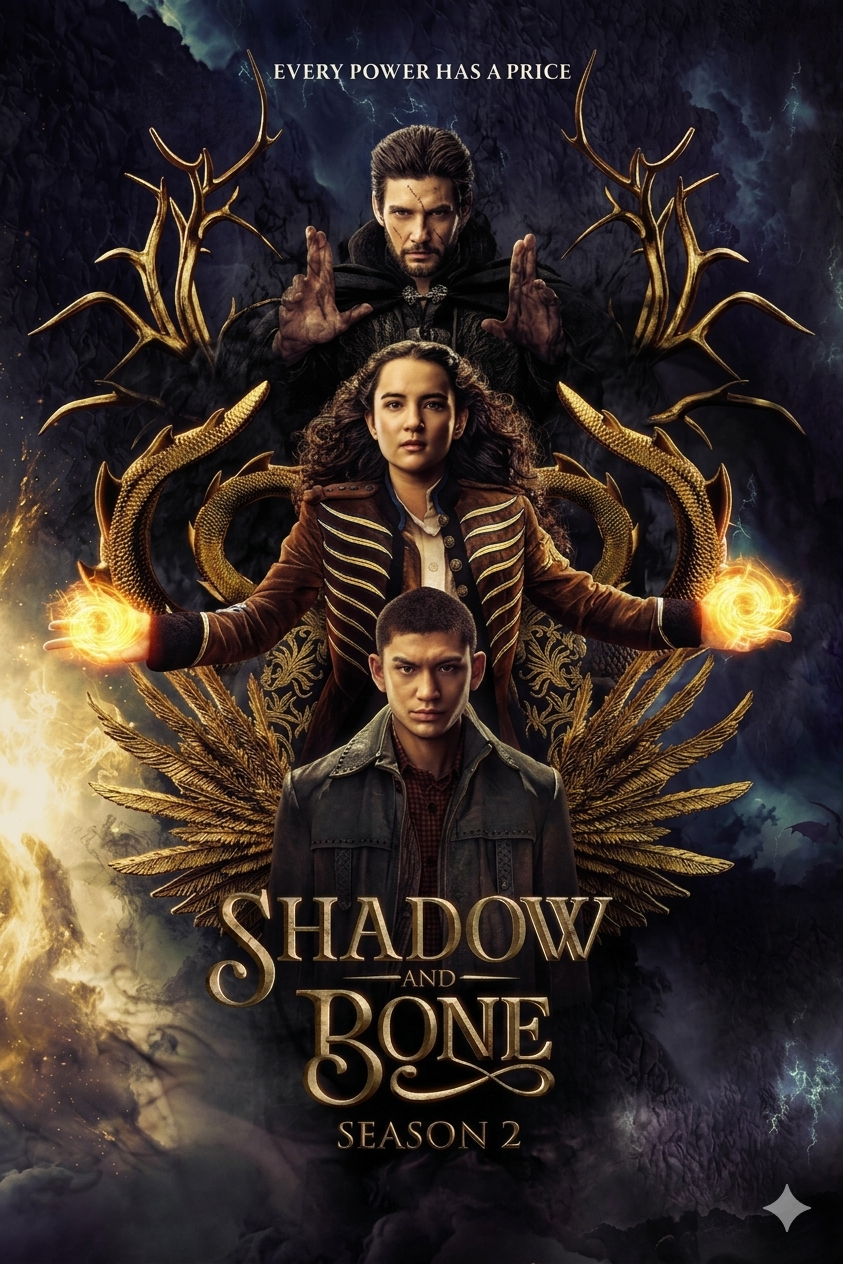 Three characters stand in a dramatic, magical pose with glowing energy in their hands. Golden antlers and wings frame them. Text reads Shadow and Bone Season 2 with the tagline Every power has a price above. Now streaming on IPTV Latino.