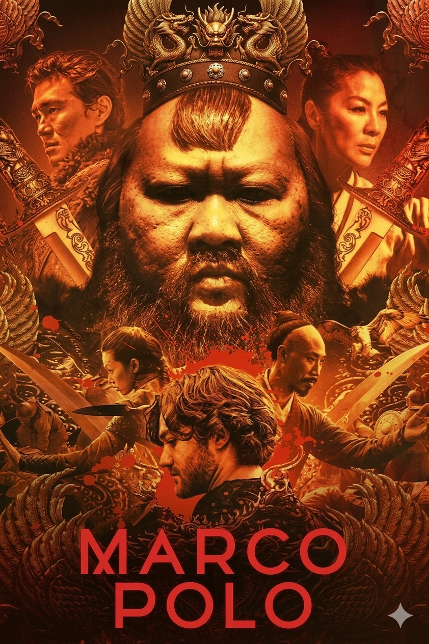 A dramatic poster for Marco Polo features a central figure wearing a crown, surrounded by swords, ornate patterns, and four serious-faced characters in the background, all set against a fiery red and orange IPTV Latino-themed backdrop.