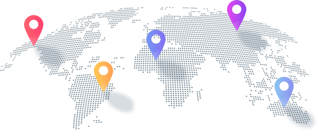A dotted world map with five colorful location pins—two red, one orange, one purple, and one blue—suggests global points of interest, highlighting IPTV Latino's reach across diverse regions.