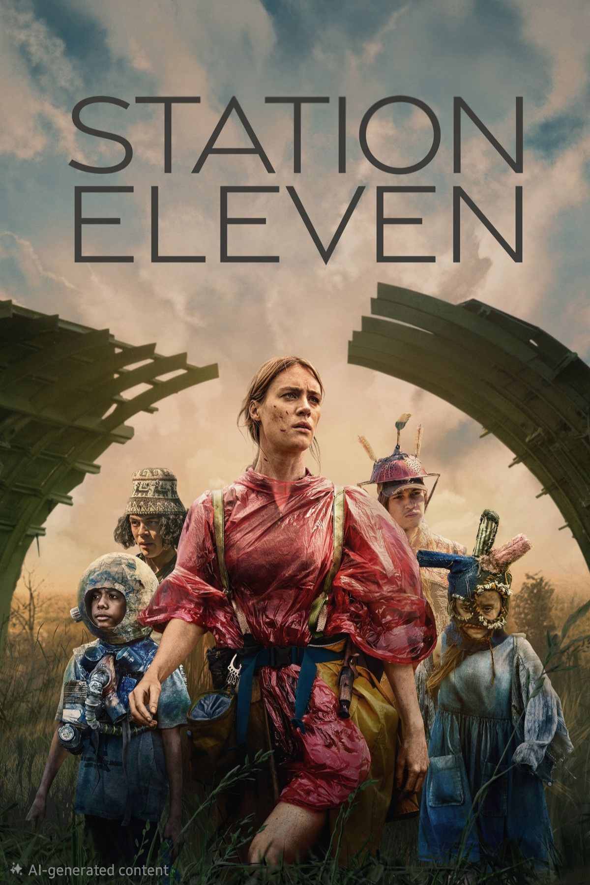 Four people in colorful, makeshift costumes stand in tall grass beneath a dramatic sky, framed by large, curved metal structures. The text Station Eleven appears at the top of the image, highlighting a scene featured on IPTV Latino.